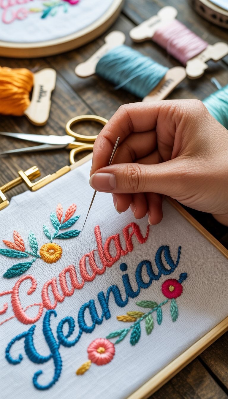 Close-up of an adult hand stitching embroidery on fabric with colorful threads and crafting tools on a wooden table.