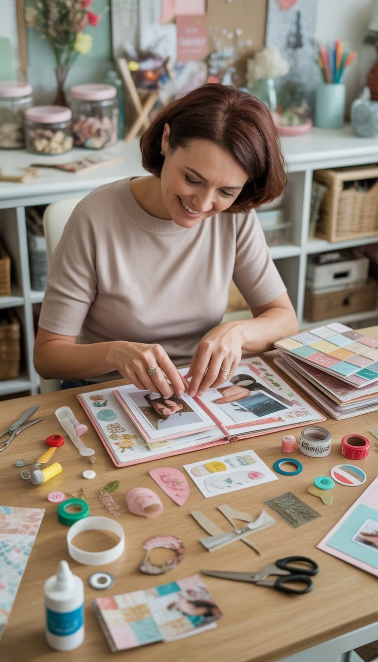An adult woman creating a personalized scrapbook at a table covered with craft supplies and photos in a cozy craft room.