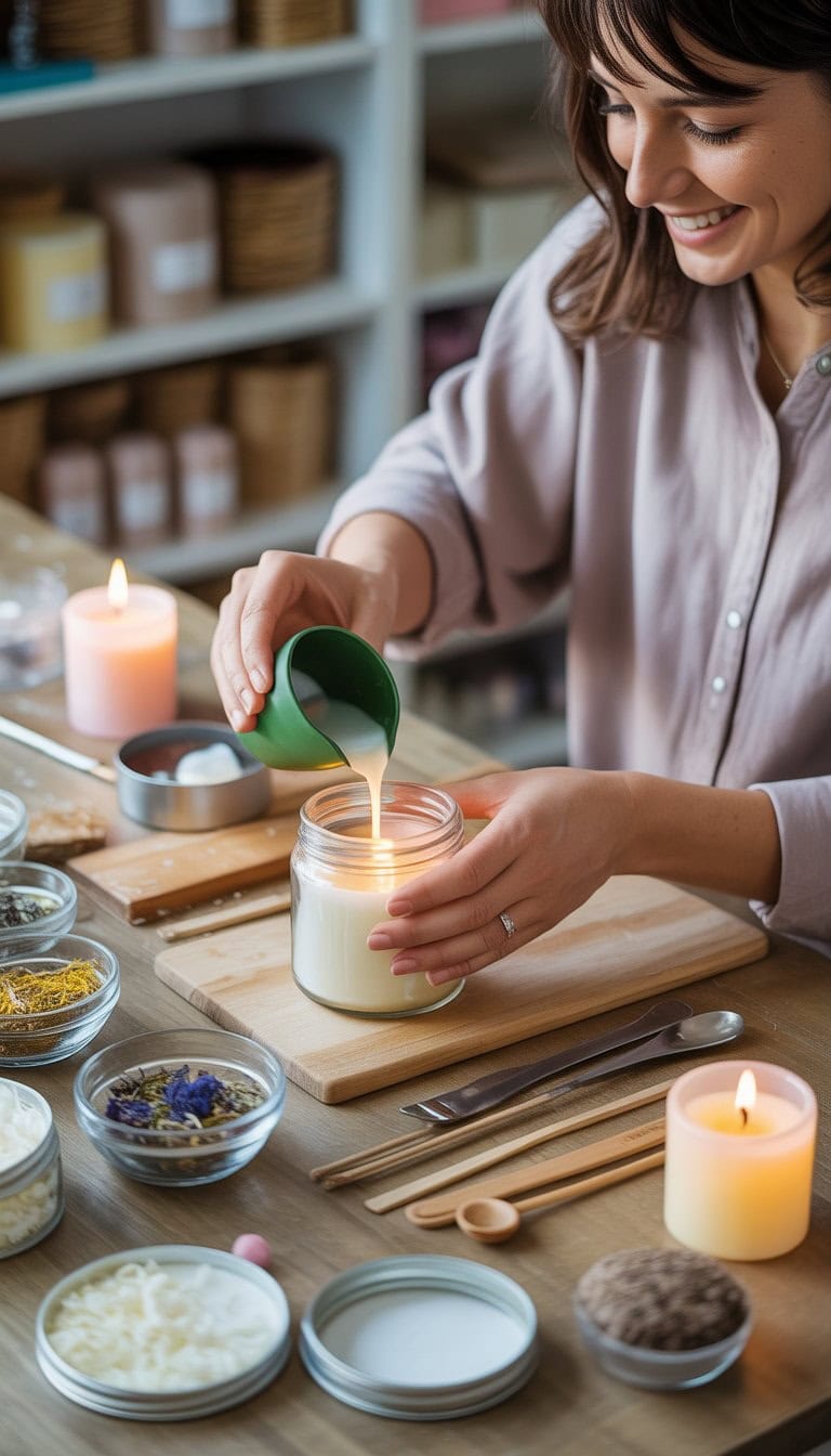 Hands pouring melted soy wax into a glass jar surrounded by candle-making supplies on a wooden table.