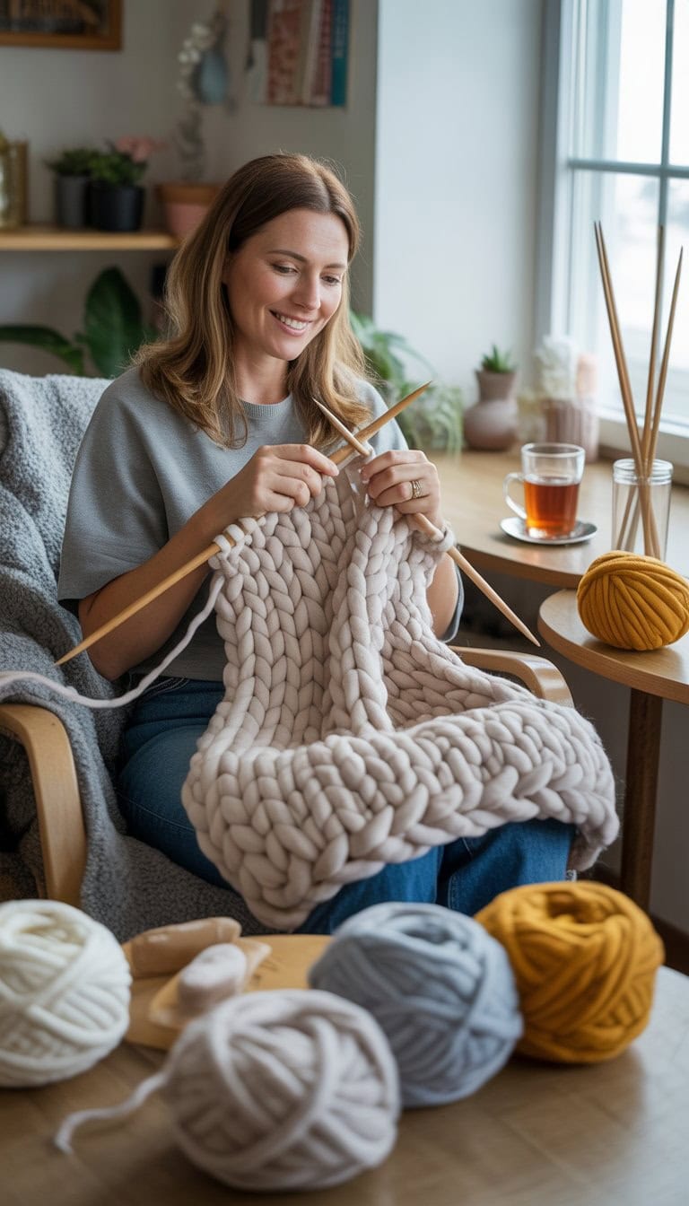 An adult woman knitting a large chunky blanket with thick yarn in a cozy, well-lit room surrounded by knitting supplies and home decor.