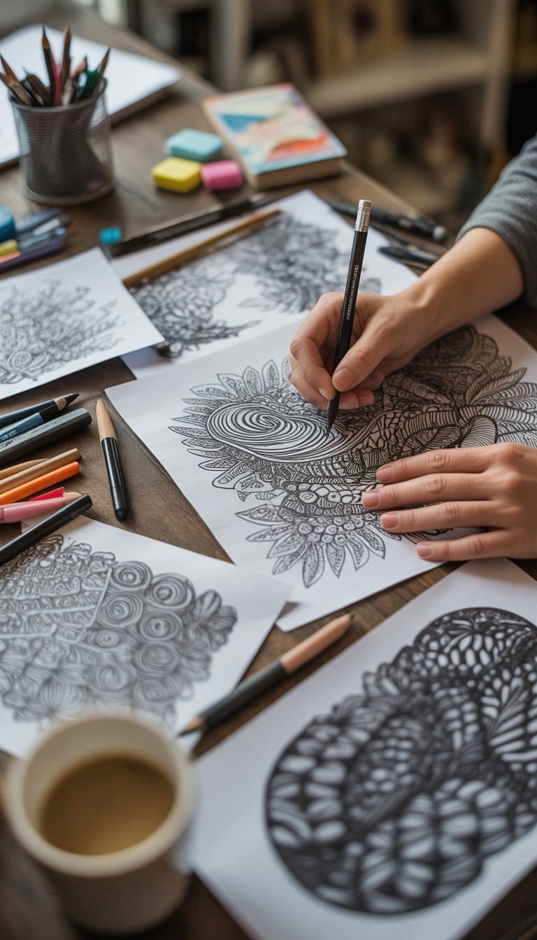 An adult's hands drawing detailed black and white doodle patterns on paper at a wooden table with art supplies nearby.