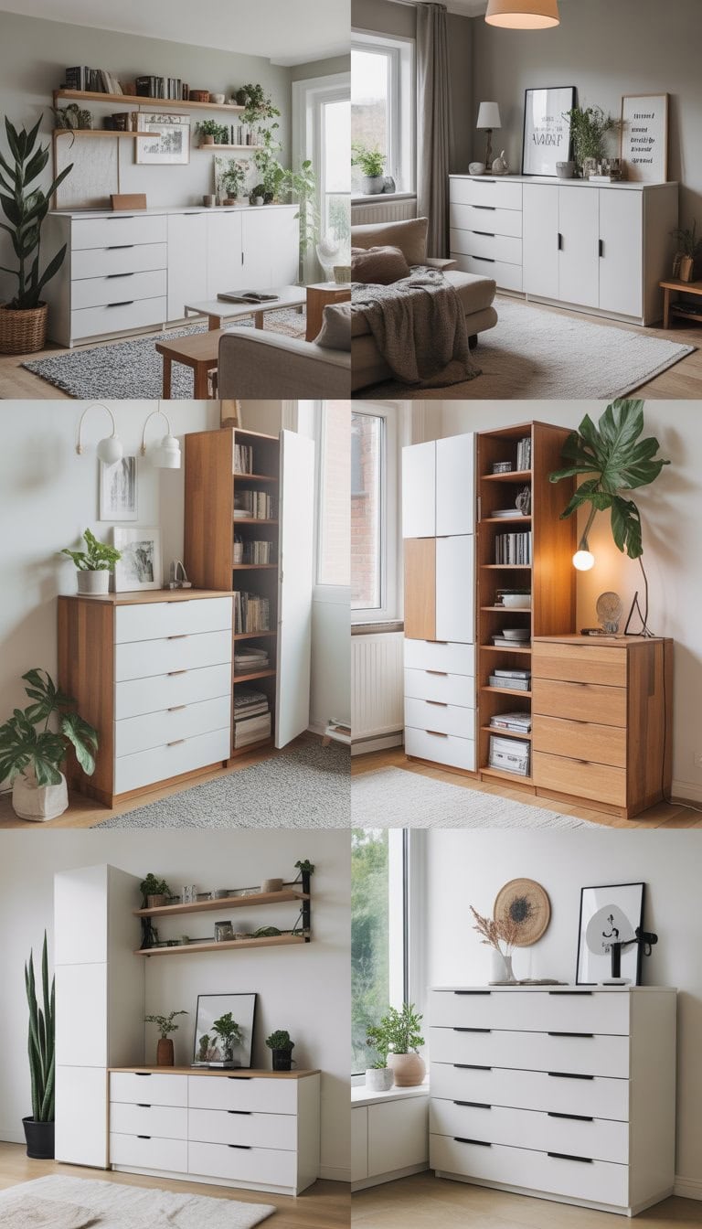 A modern living room featuring multiple customized IKEA Nordli furniture pieces with various storage and design enhancements.
