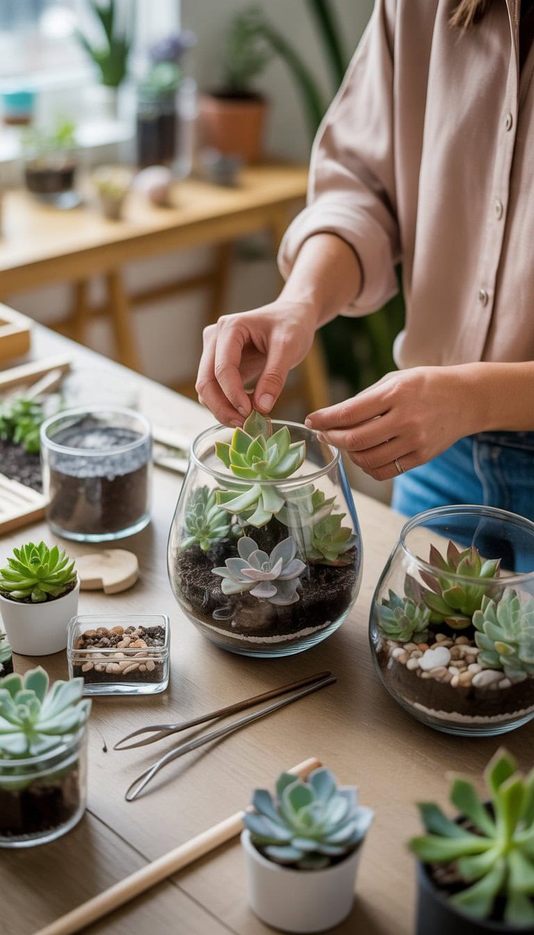 An adult arranging succulents inside a glass terrarium on a wooden table with gardening tools and plants nearby.