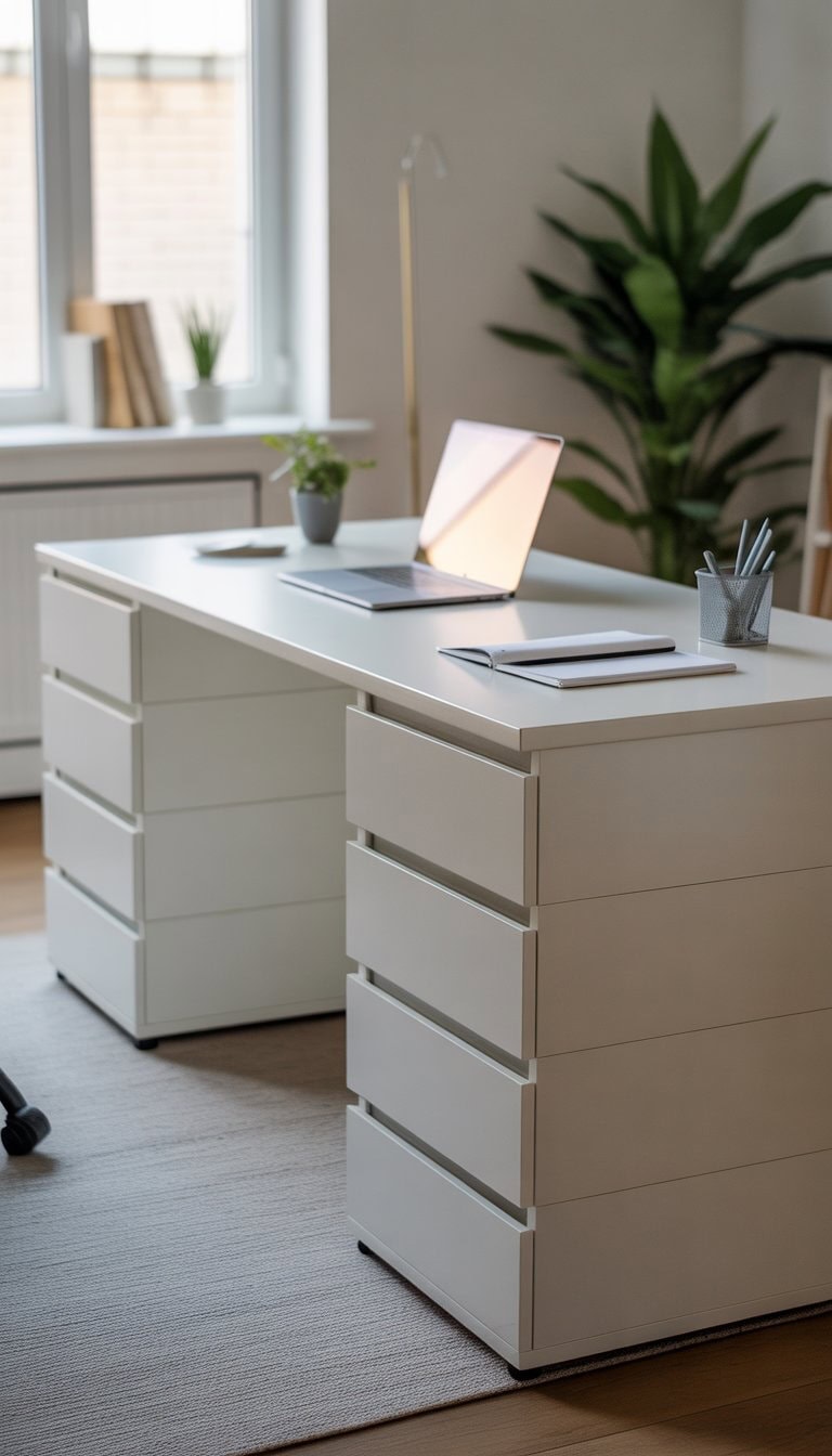 A home office with a hidden table made from white drawer chests forming a workspace with a laptop and plant on top.