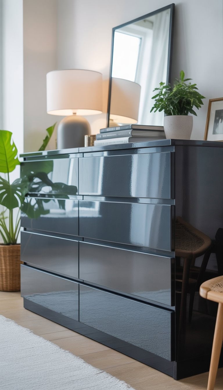 A freshly painted NORDLI dresser with a glossy finish in a bright room, decorated with a plant, books, and a lamp.
