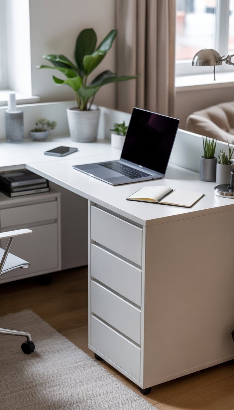 A corner desk made from multiple storage units with a laptop, plant, notebook, and lamp in a bright home office.