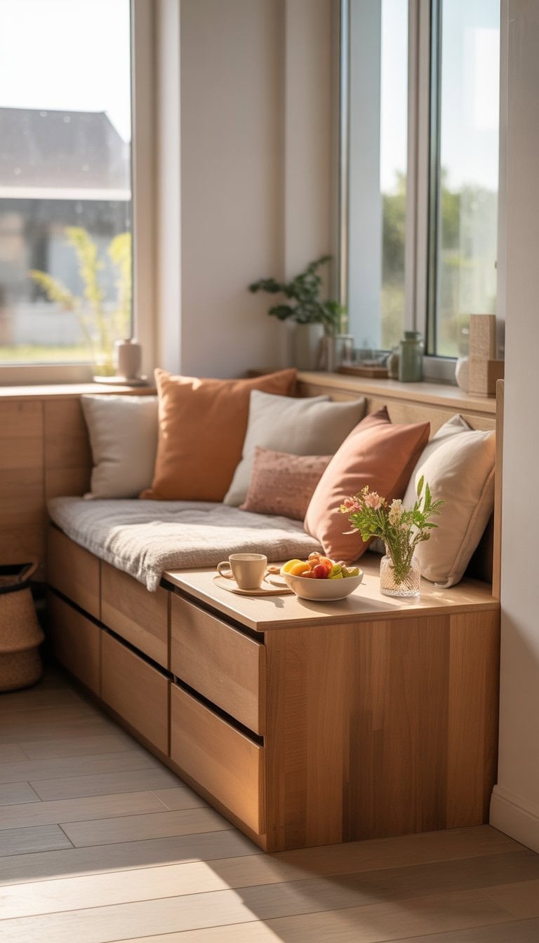 A cozy breakfast nook with a cushioned bench made from repurposed dressers, a small wooden table set for breakfast, and sunlight streaming through nearby windows.