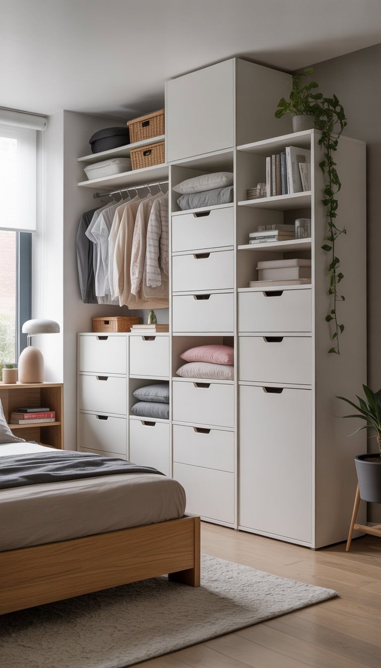 A bedroom corner with multiple white modular drawer units arranged for storage, featuring neatly organized items and a cozy bed nearby.