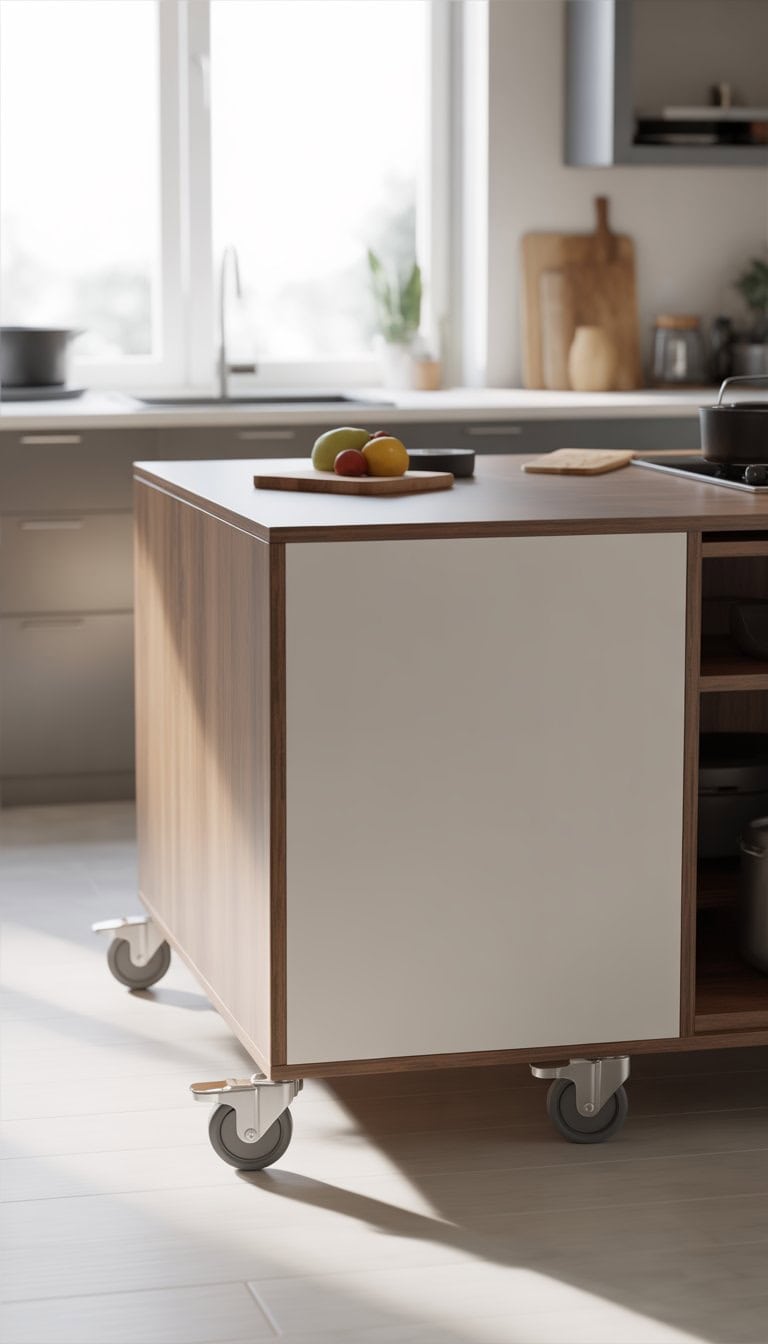 A modern kitchen island bench with caster wheels in a bright kitchen setting.