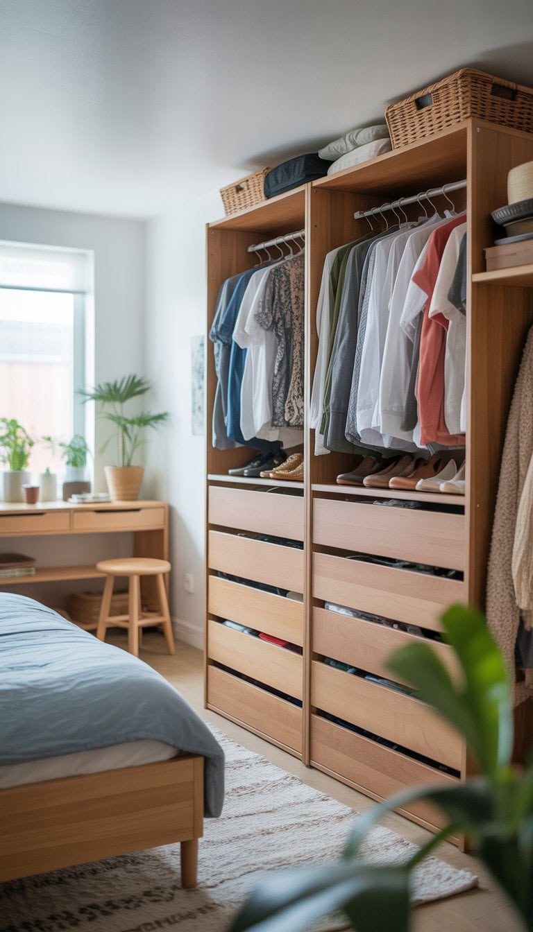A bedroom with a custom wardrobe made by stacking IKEA NORDLI drawer units, neatly organized with clothes and accessories.