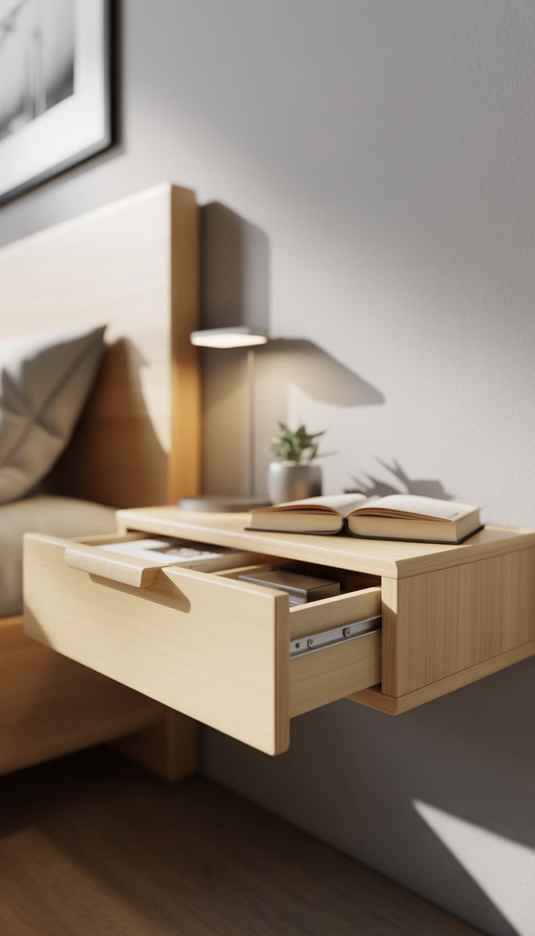 A floating nightstand with a single drawer mounted on a wall, holding a small plant, a book, and a lamp.