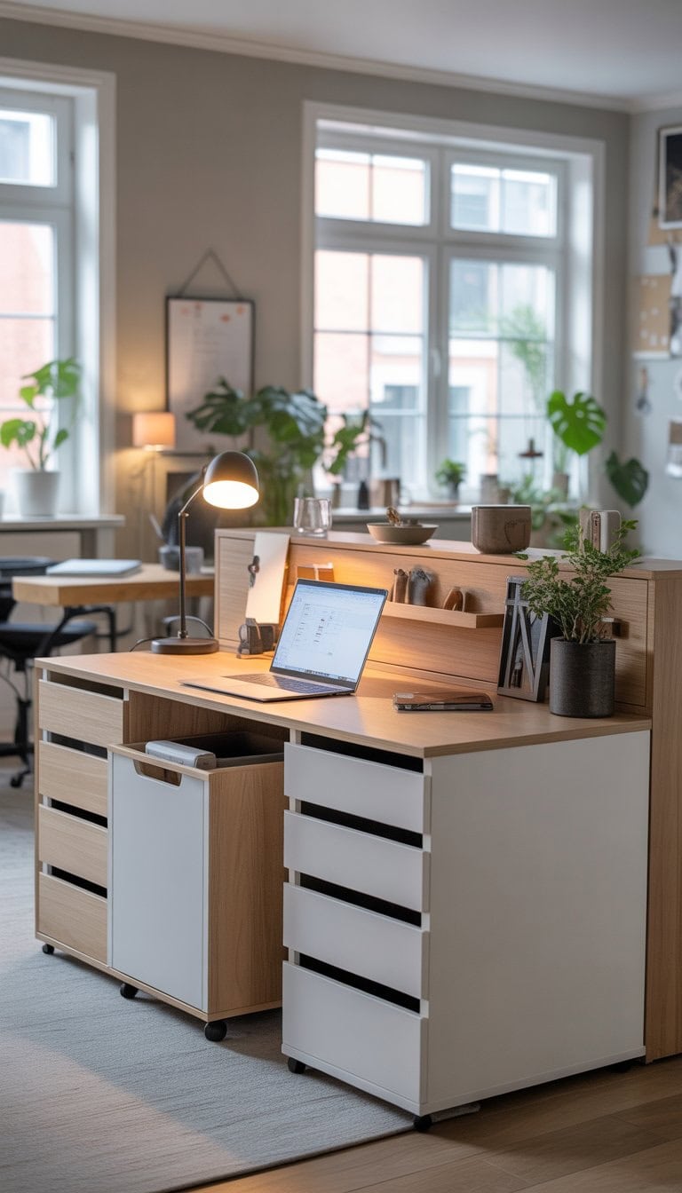 A bright home office with a custom desk and storage made from white and light wood cabinets, a laptop on the desk, plants, and a desk lamp in a well-lit room.