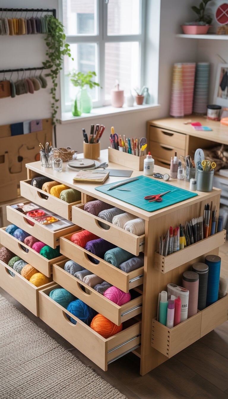 A multifunctional craft storage island made from drawers filled with various craft supplies in a bright, organized craft room.