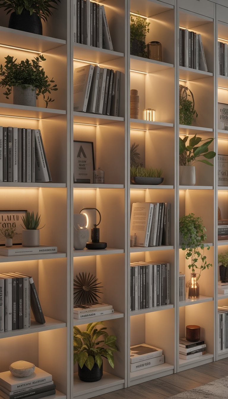 A modern room with IKEA NORDLI shelving units featuring integrated LED lights illuminating books and decor.