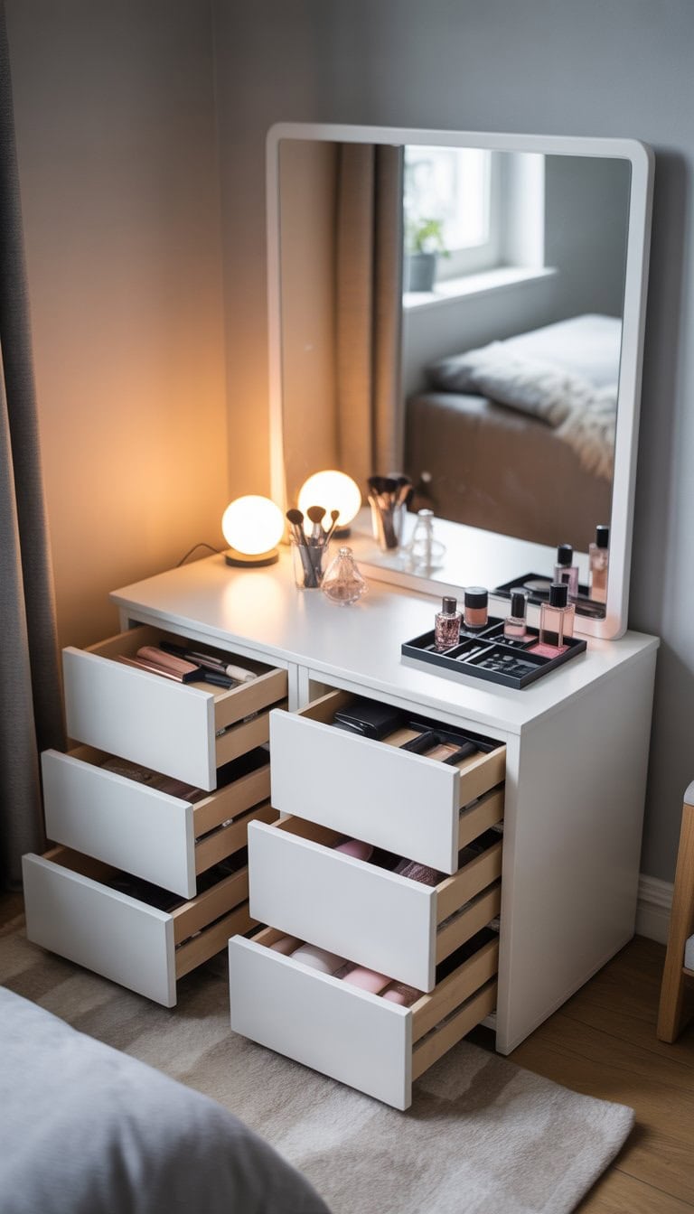 A compact dressing table made from two white drawer chests with a mirror and beauty items on top in a bright room.