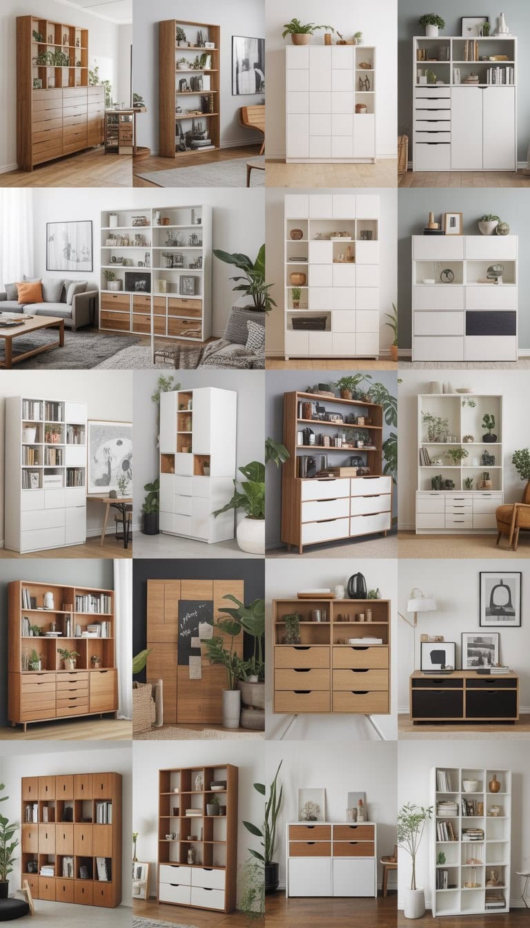 A modern living space with multiple IKEA NORDLI storage units arranged as room dividers, featuring shelves, drawers, and decorative items to create organized and functional areas.
