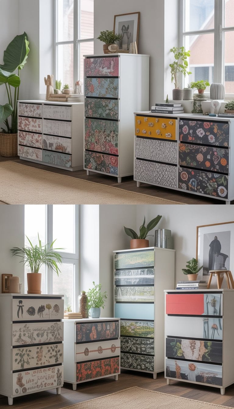 A room with several IKEA NORDLI dressers featuring different wallpaper and decal designs on their fronts, surrounded by plants and decorative items.