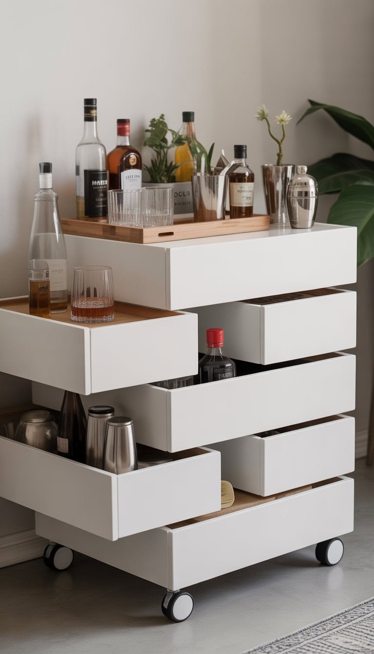 A rolling bar cart made from stacked white drawers with wheels, holding bottles and glassware on top in a bright indoor room.