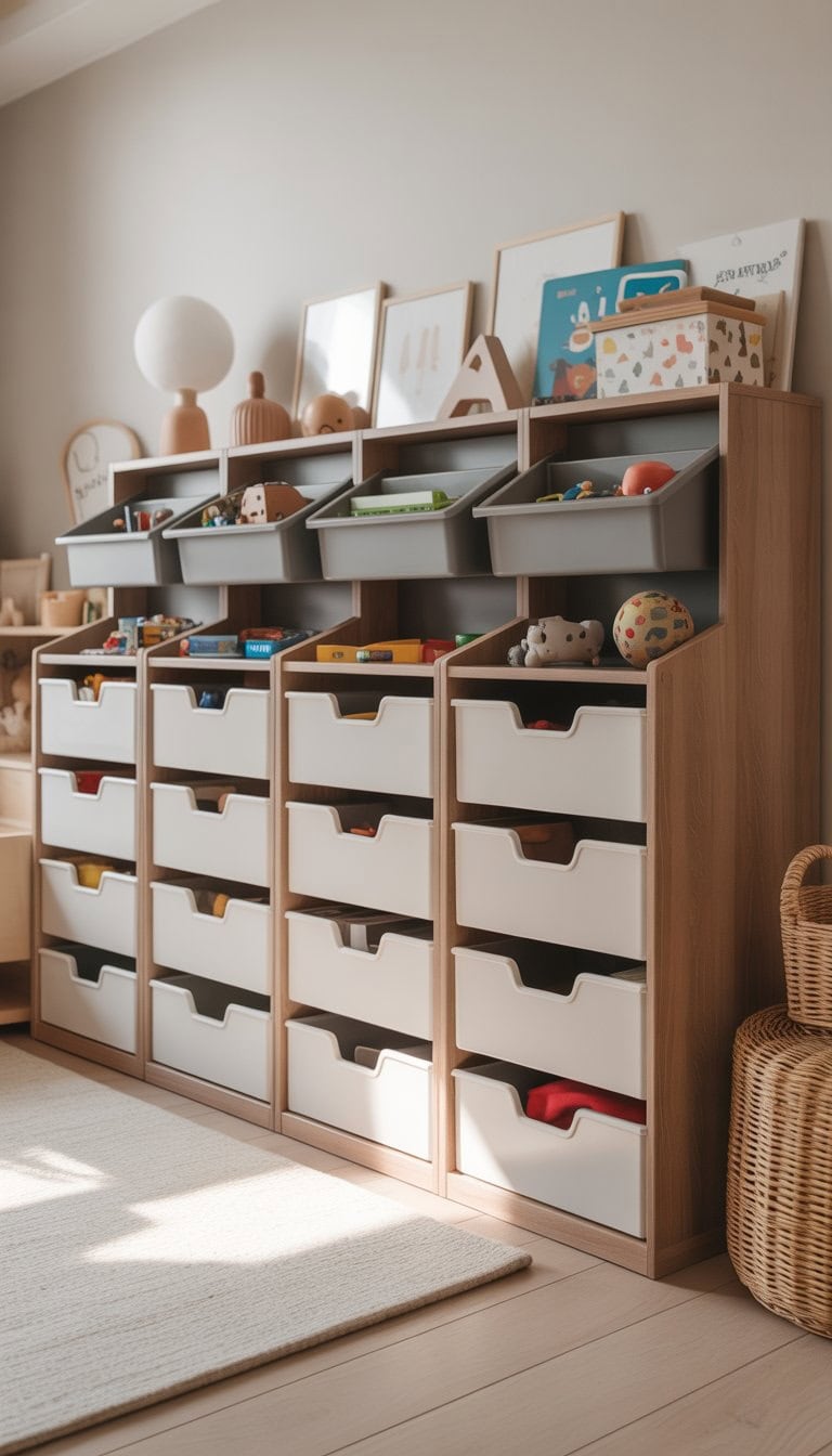 A minimalist kids’ toy organizer made of multiple drawers filled with toys and books in a bright playroom.