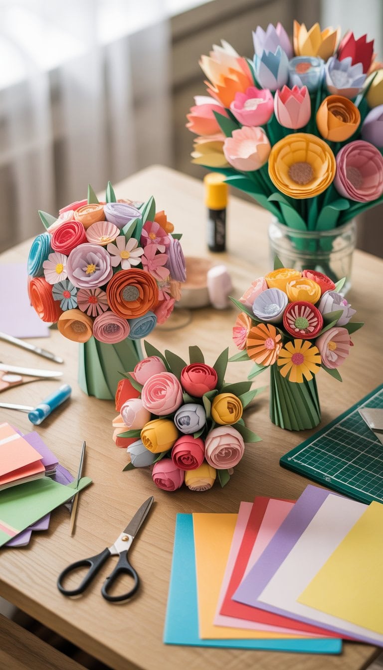 A table with colorful papercraft flower bouquets and crafting tools arranged for a creative project.