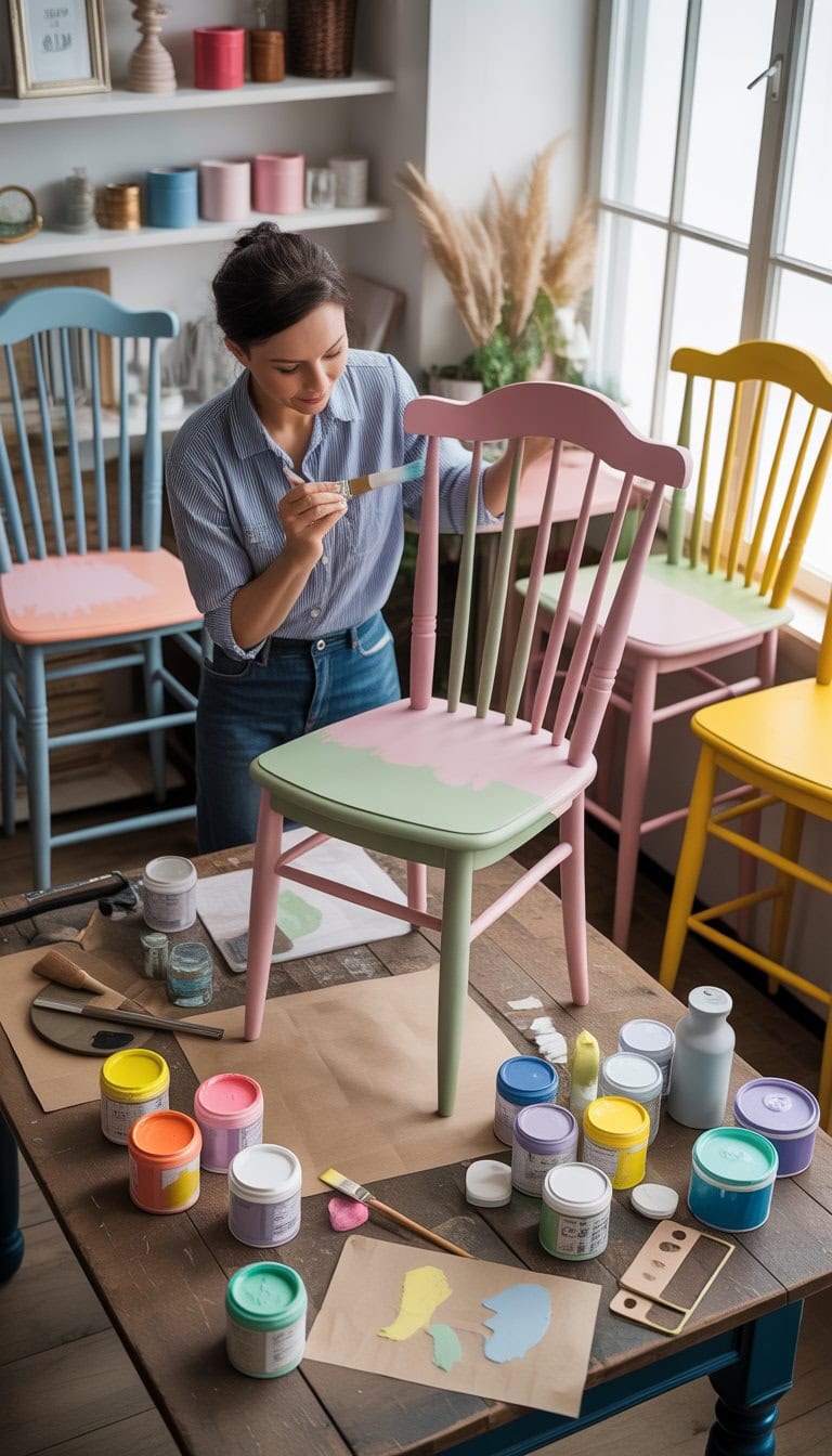 An adult painting an old wooden chair with chalk paint in a bright, organized craft workspace filled with painting supplies and upcycled furniture pieces.