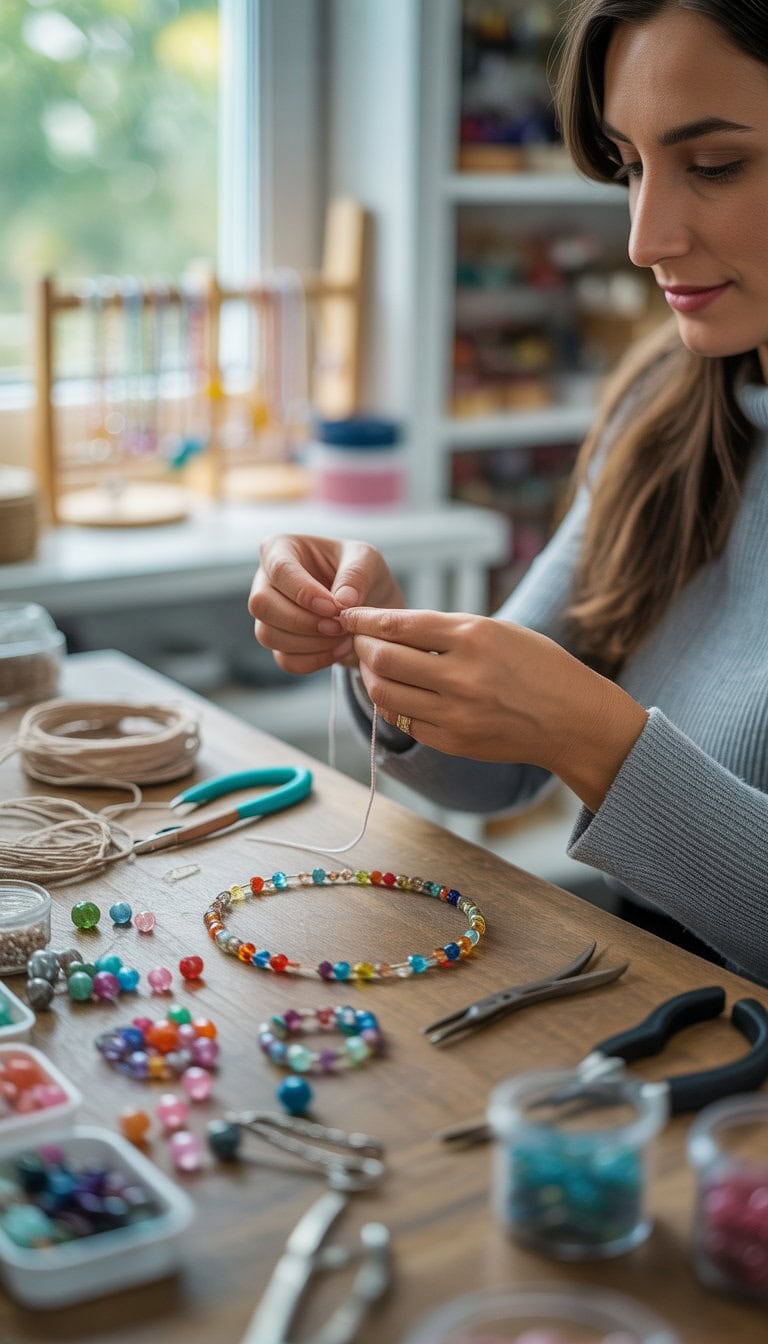 Hands threading colorful beads to make custom jewelry on a wooden table with craft supplies.