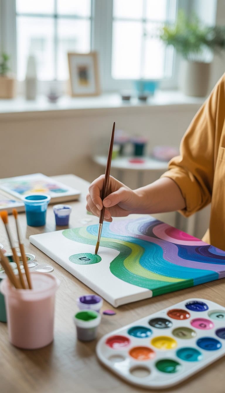 An adult painting a paint-by-numbers canvas with colorful paints in a bright, peaceful room.