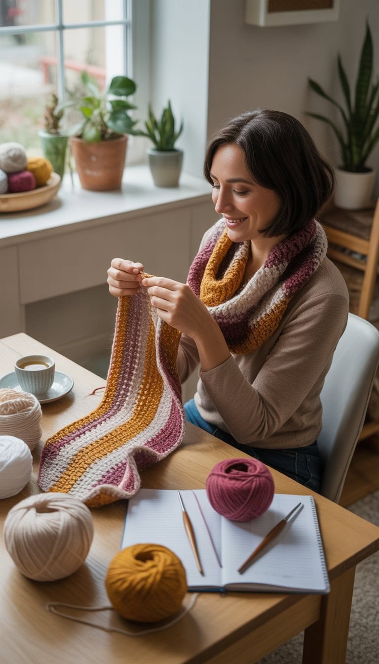 An adult crocheting a colorful scarf at a wooden table surrounded by yarn and crochet tools in a bright room.