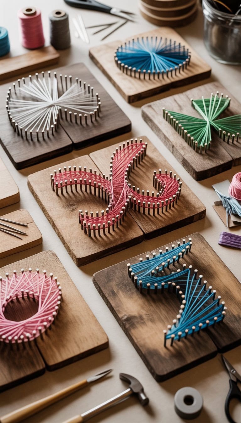 Several wooden boards with colorful string art designs arranged on a workspace with crafting tools around them.