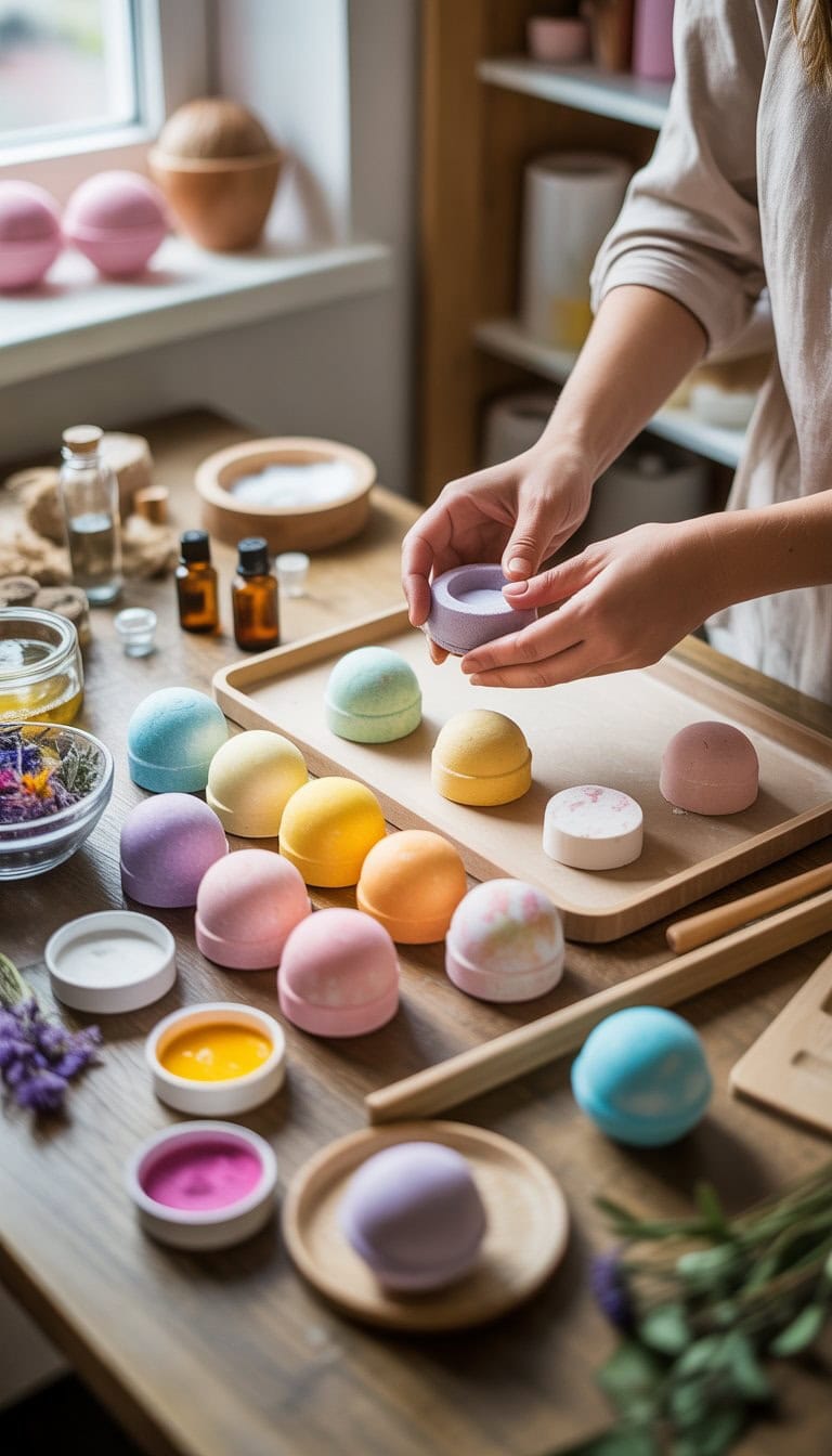 Hands making colorful bath bombs on a wooden table surrounded by crafting supplies and natural ingredients.