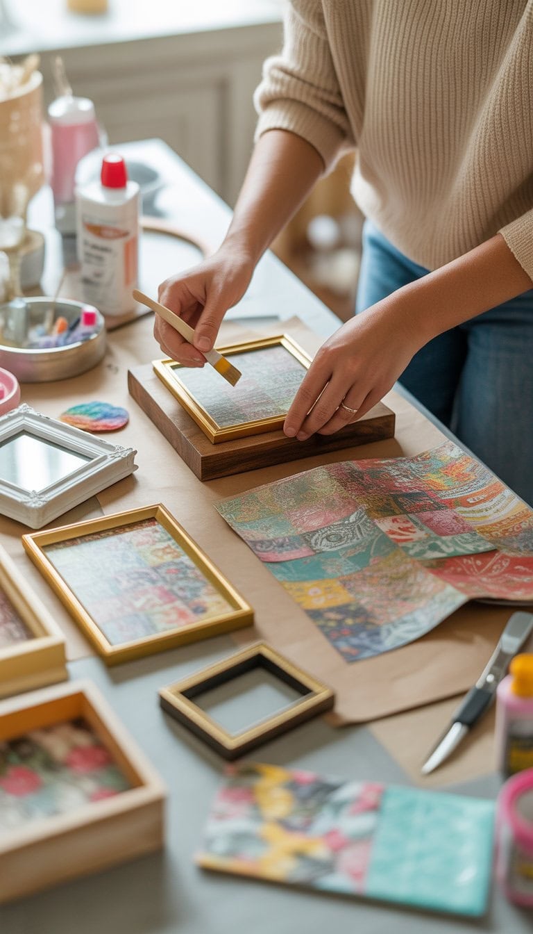 Hands working on decoupage home decor projects with colorful paper and craft supplies on a table.