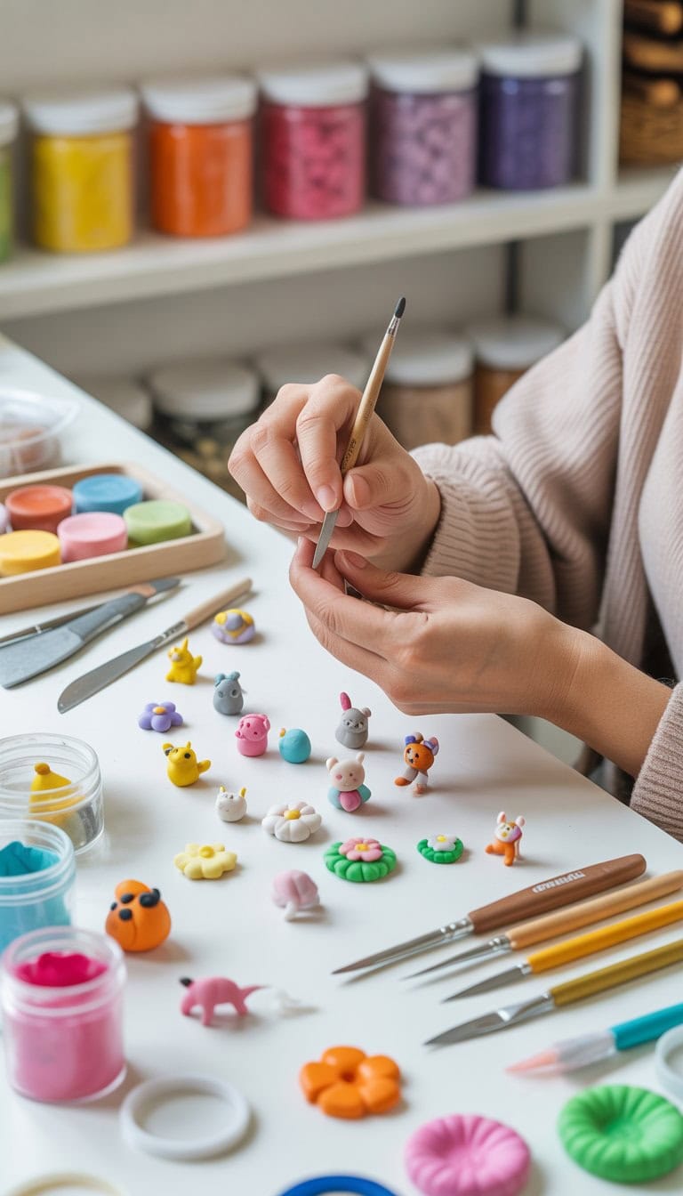 An adult shaping small colorful polymer clay miniatures with crafting tools on a tidy workspace.