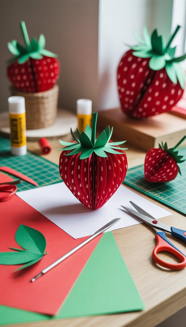 A workspace with handmade paper strawberries, crafting tools, and colorful paper sheets arranged neatly.