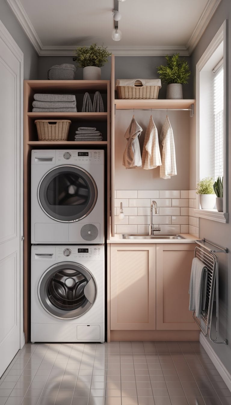 Small laundry room with stacked washer and dryer, shelves with towels and plants, a utility sink, and a drying rack.