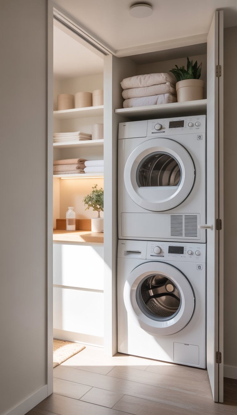 A small laundry room with a stacked washer-and-dryer unit, shelves with laundry supplies, and a potted plant by a window.
