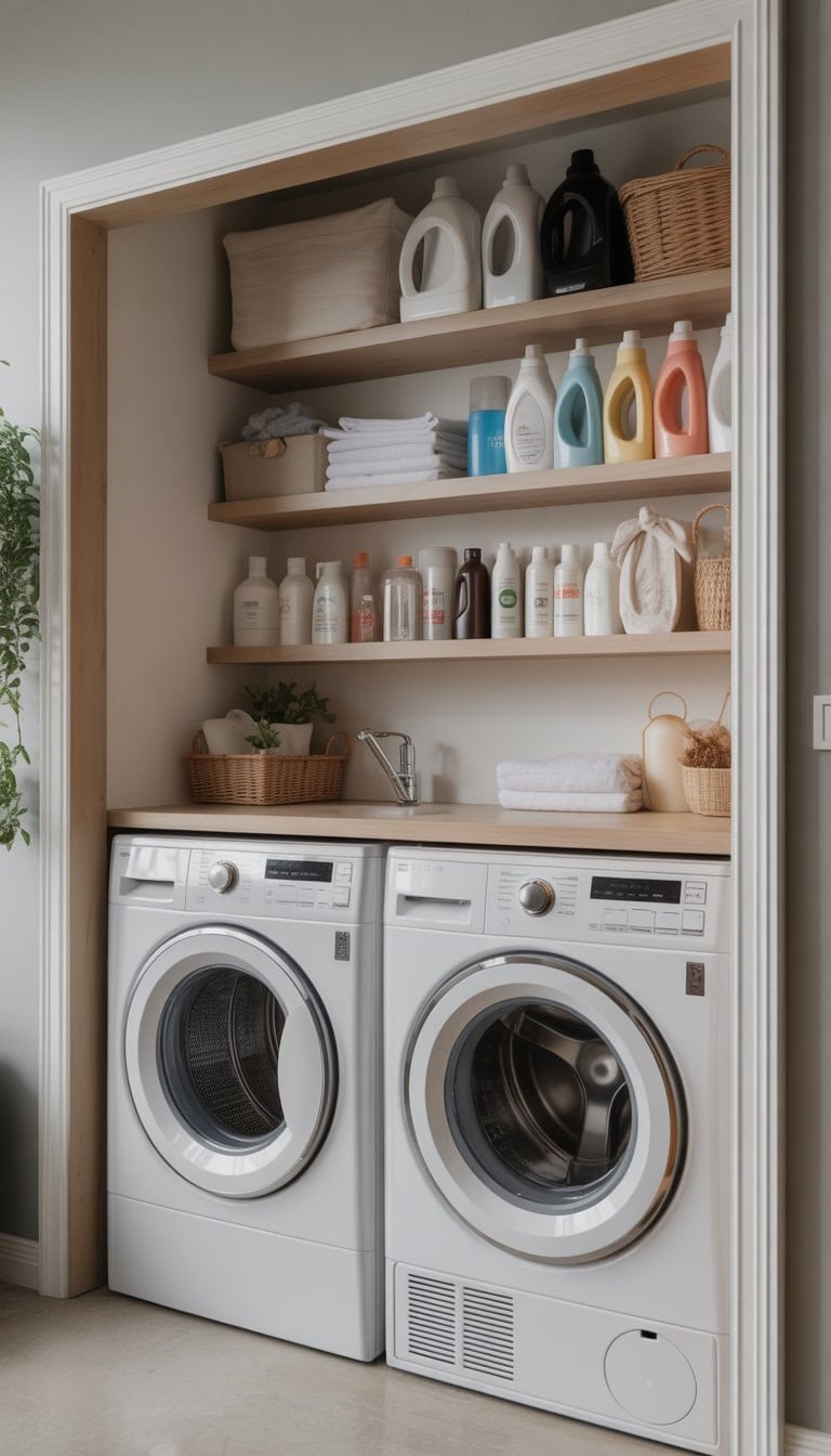 A small laundry room with washing machines and floating shelves above them holding detergent bottles and laundry supplies.