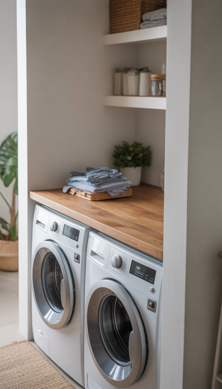 Small laundry room with two front-loading washing machines and a wooden countertop above them used for folding clothes.