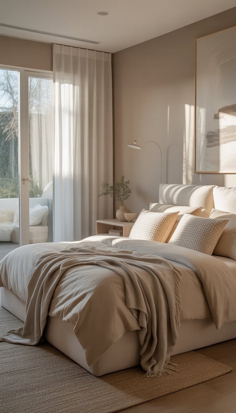 A peaceful bedroom with a neatly made bed, soft neutral colors, natural light, and simple furniture.