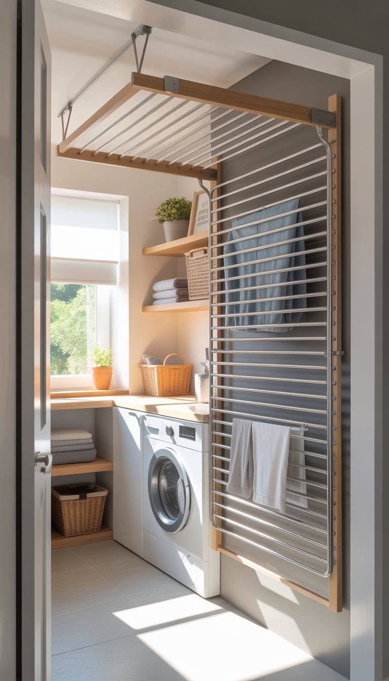 Small laundry room with a wall-mounted drying rack folded up above a washer and dryer, with shelves and laundry items neatly organized.