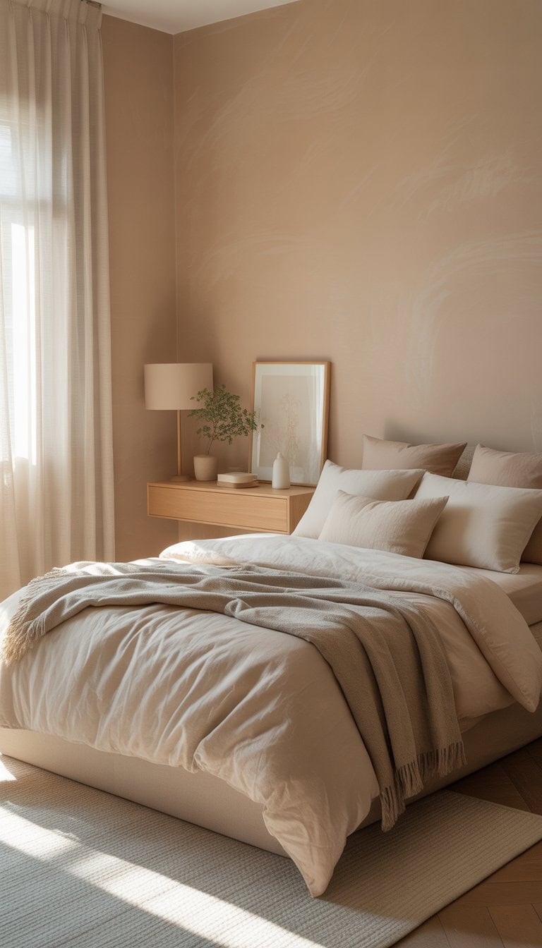 A bedroom with soft beige walls, a neatly made bed, natural light coming through sheer curtains, and simple furnishings creating a calm atmosphere.