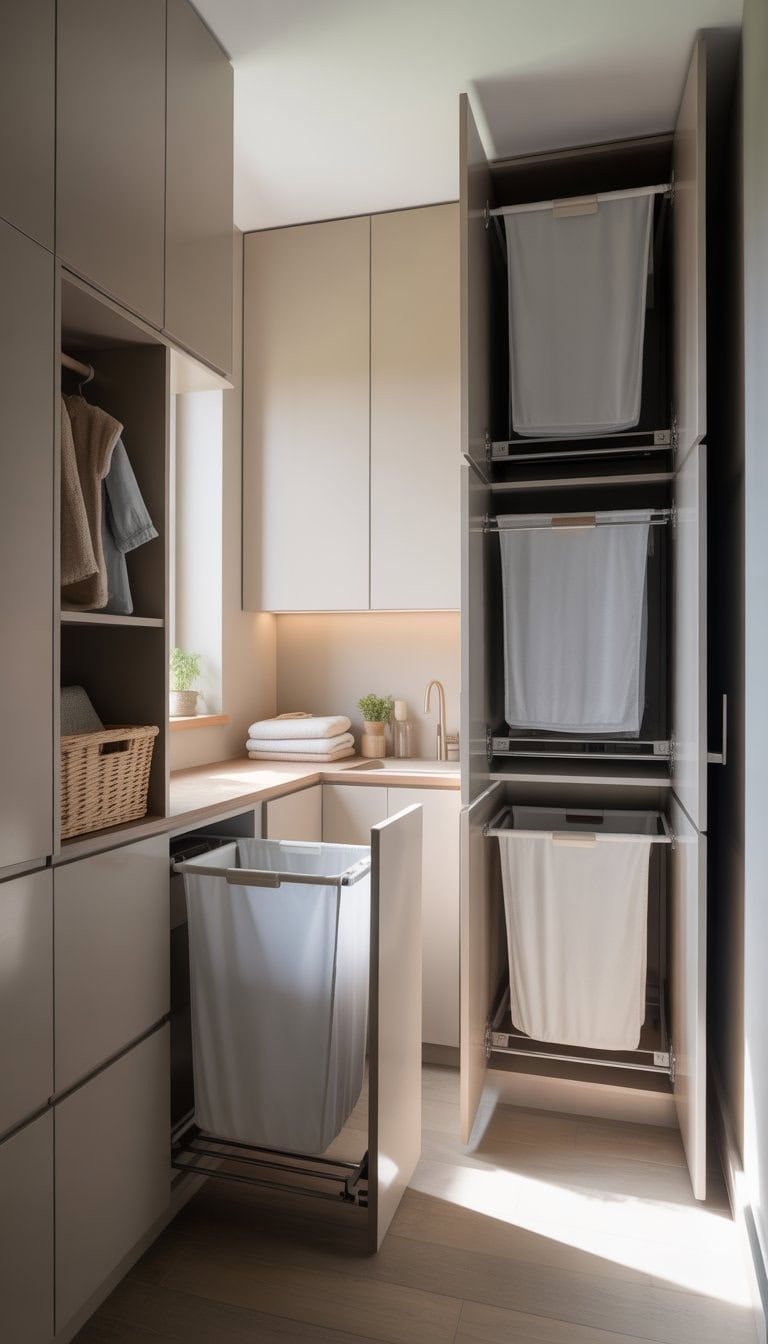 Small laundry room with built-in cabinetry and pull-out hampers, washer and dryer, and organized storage.