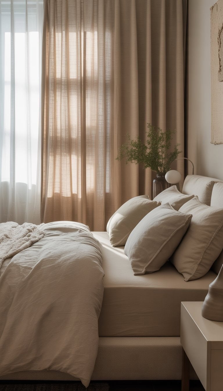 A peaceful bedroom softly lit by natural light coming through layered linen curtains, featuring a neatly made bed and neutral-toned decor.