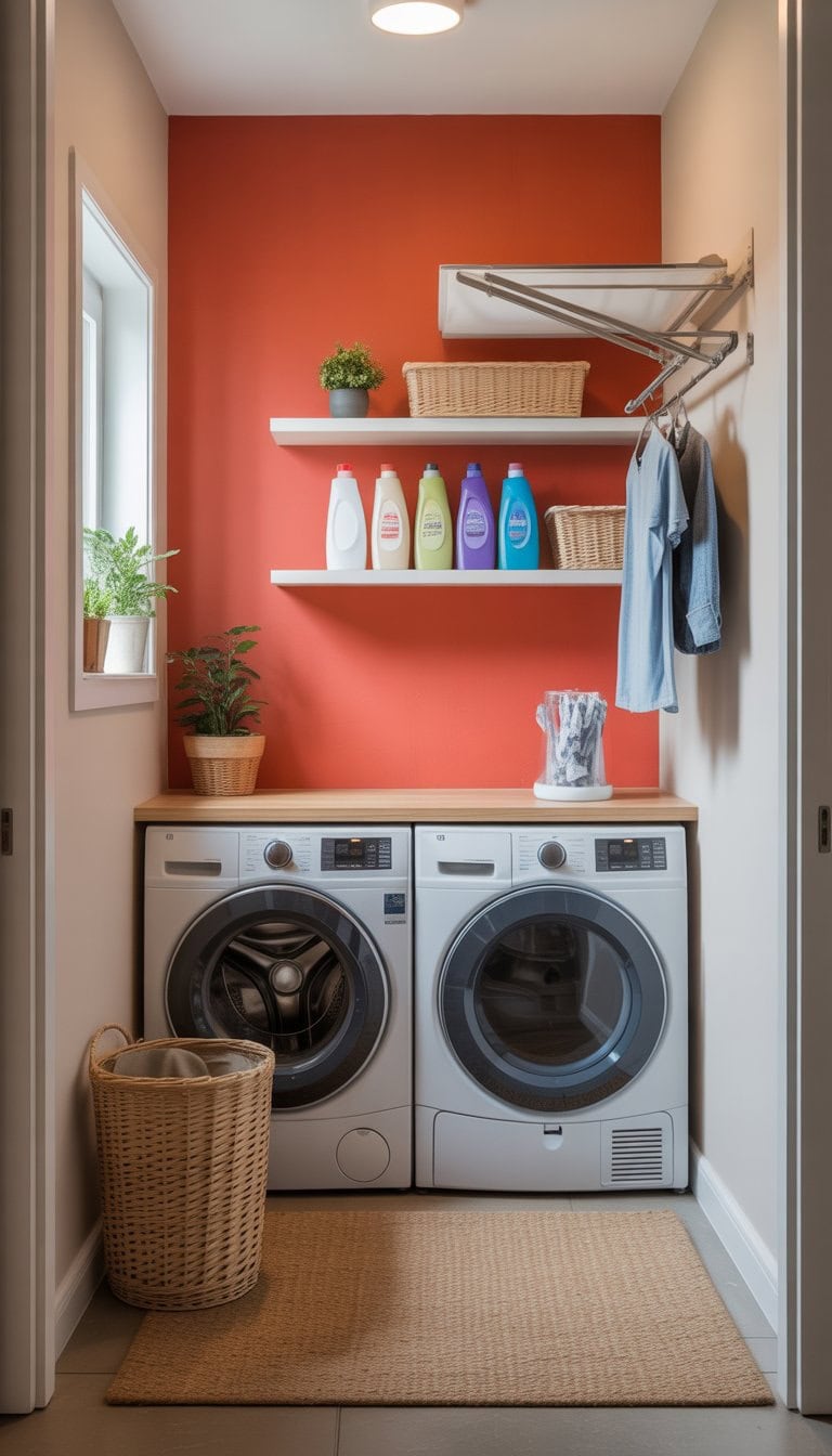Small laundry room with a vibrant painted wall, stacked washer and dryer, shelves with supplies, and a laundry basket on the floor.