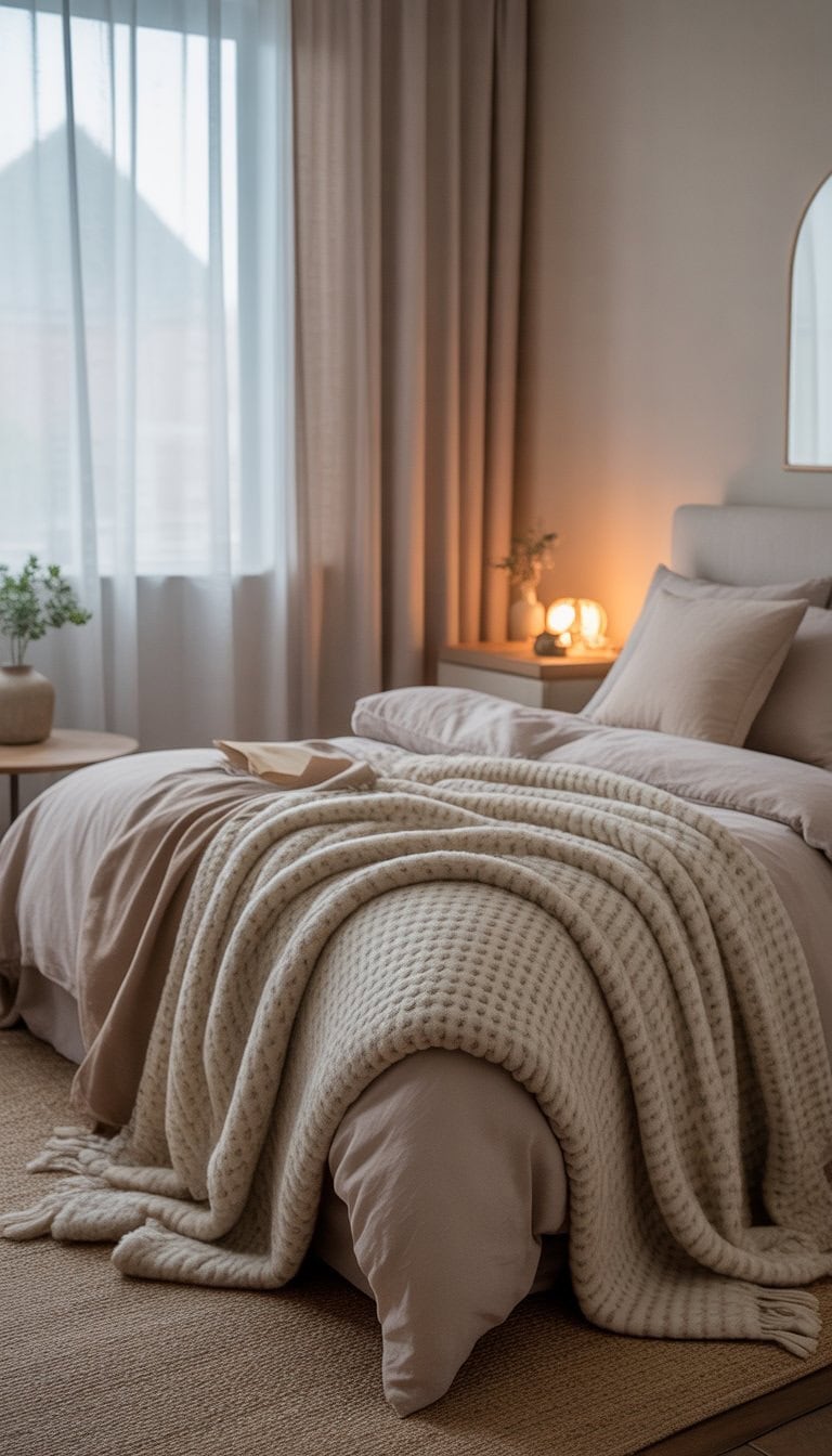 A cozy bedroom with a neatly made bed featuring textured wool throw blankets in neutral colors and soft natural light.