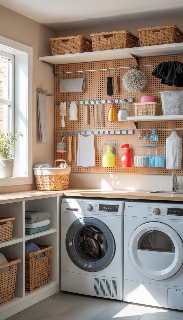 Small laundry room with a pegboard holding laundry tools above a washing machine and dryer, with shelves and baskets for storage.