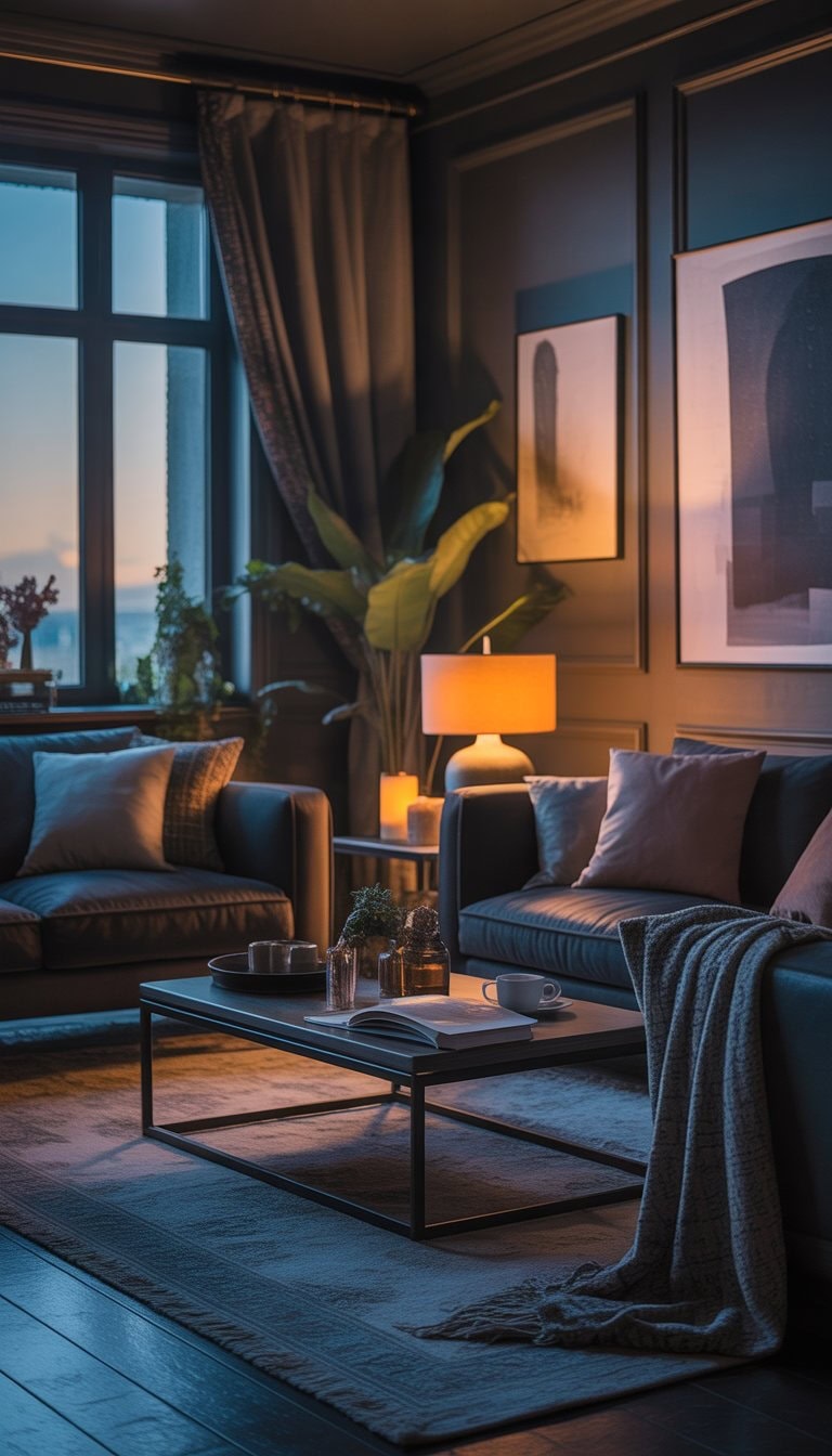 A dimly lit living room with dark furniture, warm lighting, plants, and cozy decor creating a calm and inviting space.