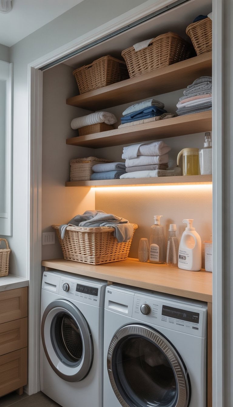 Small laundry room with washer and dryer, under-shelf lighting illuminating the countertop, and organized shelves with laundry supplies.