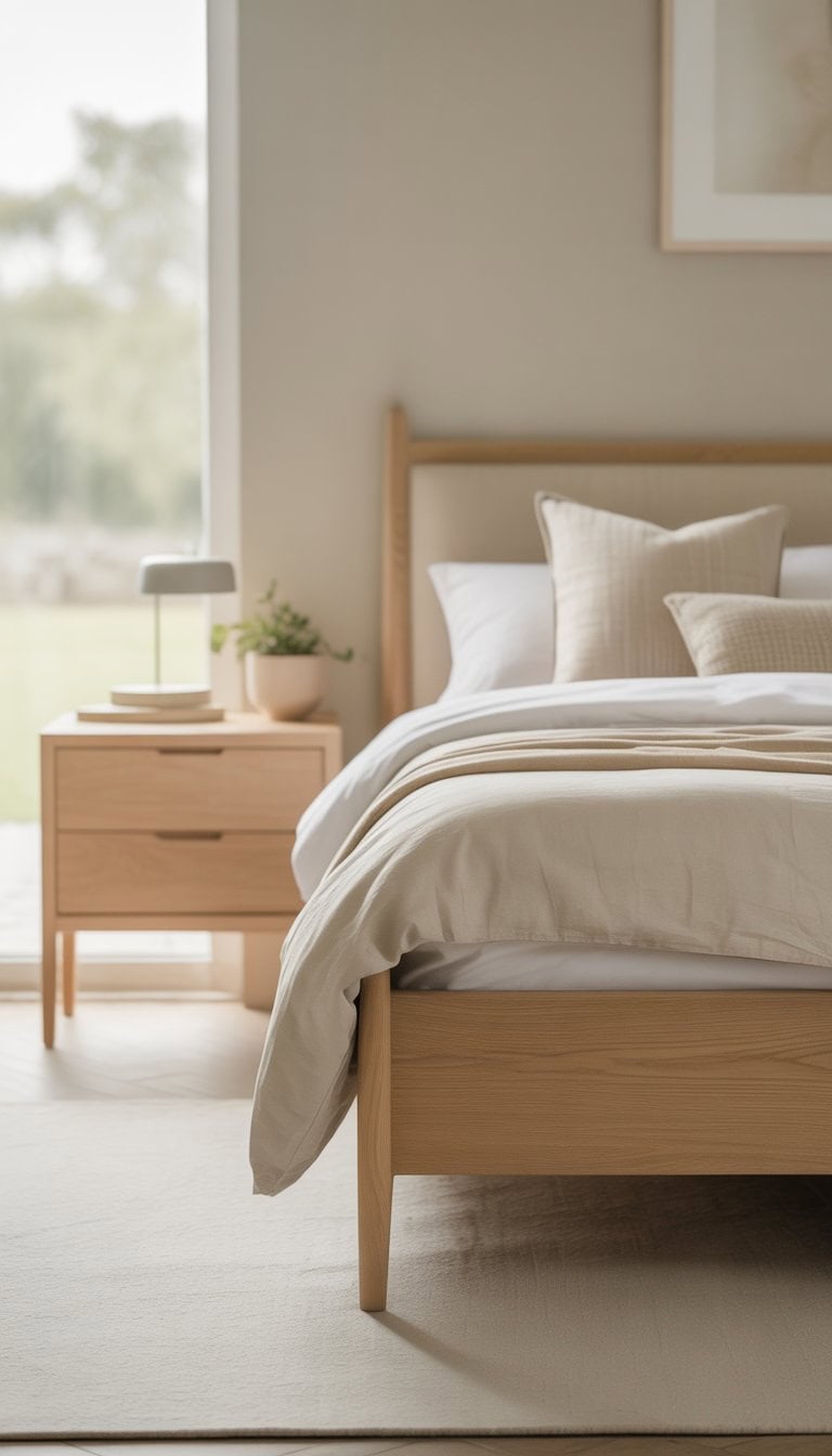 A bright bedroom with light wood furniture, a neatly made bed, and soft natural light coming through a window.