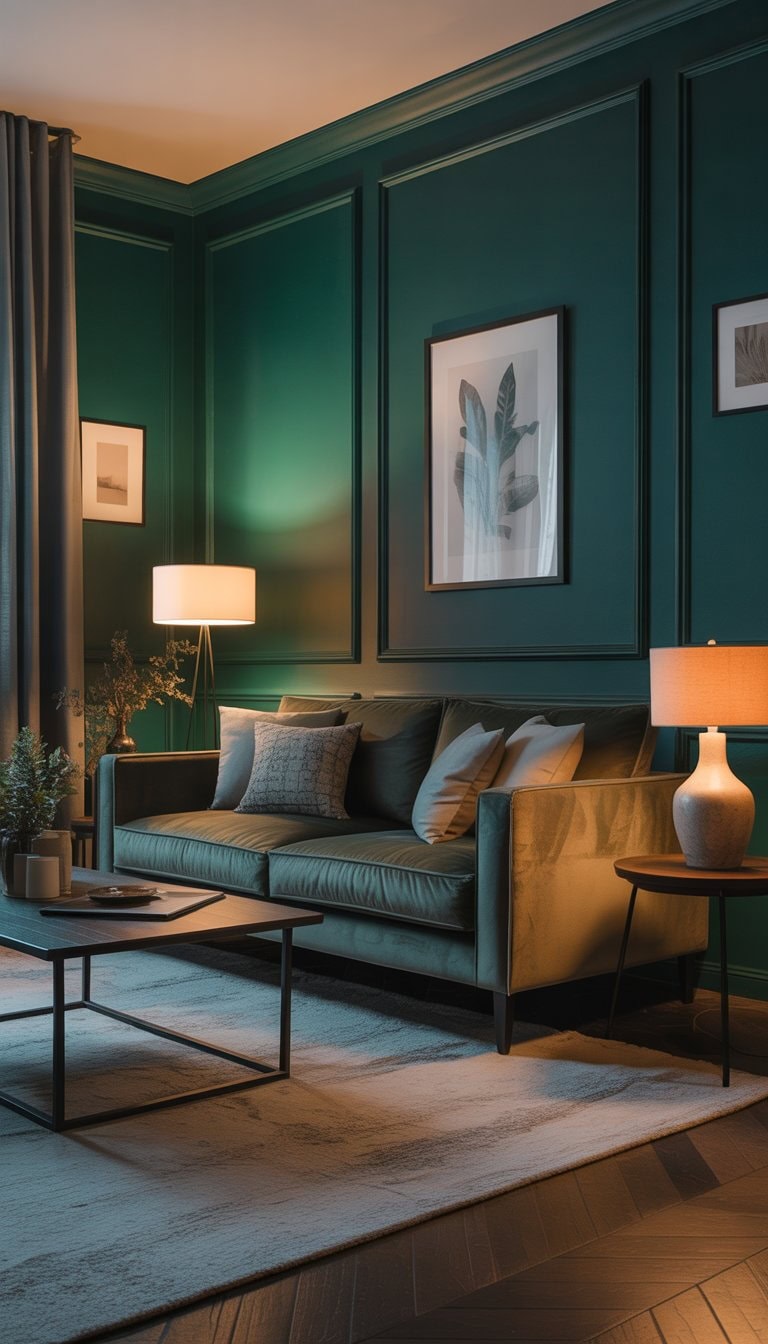 A living room with deep green walls, a velvet sofa, wooden coffee table, soft lighting, and decorative plants.