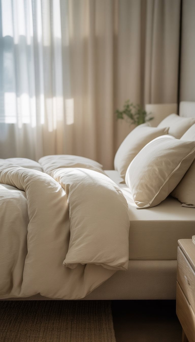 A neatly made bed with creamy off-white bedding in a bright bedroom with natural light and simple decor.